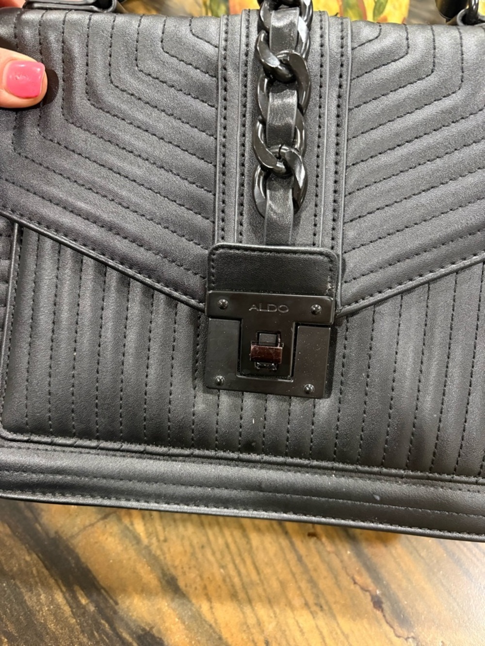 Aldo Black Quilted Satchel with Chain-Detail Strap - Picture 7 of 9